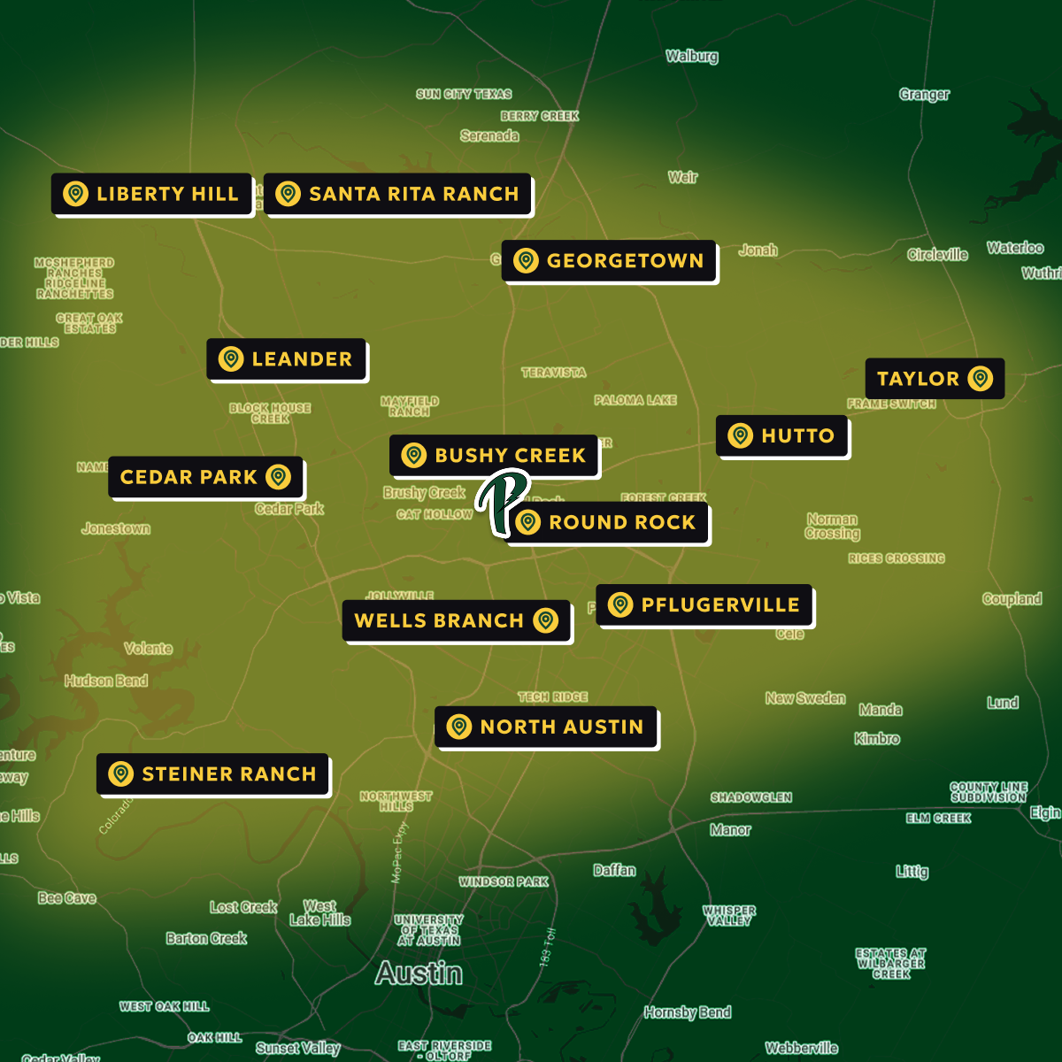 Map of the Perkin Electrical Services area, covering Round Rock, Georgetown, Cedar Park, Leander, Pflugerville, Hutto, Taylor, Liberty Hill, Santa Rita Ranch, Steiner Ranch, Bushy Creek, Wells Branch and North Austin